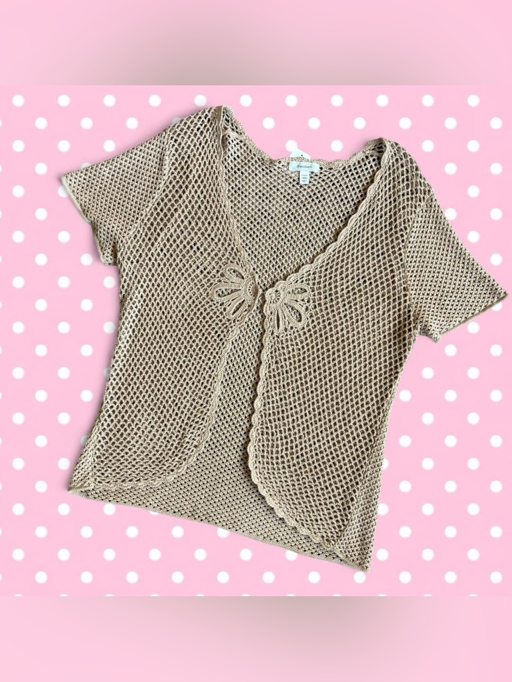 dressbarn Beige Open-Knit Short Sleeve Cardigan